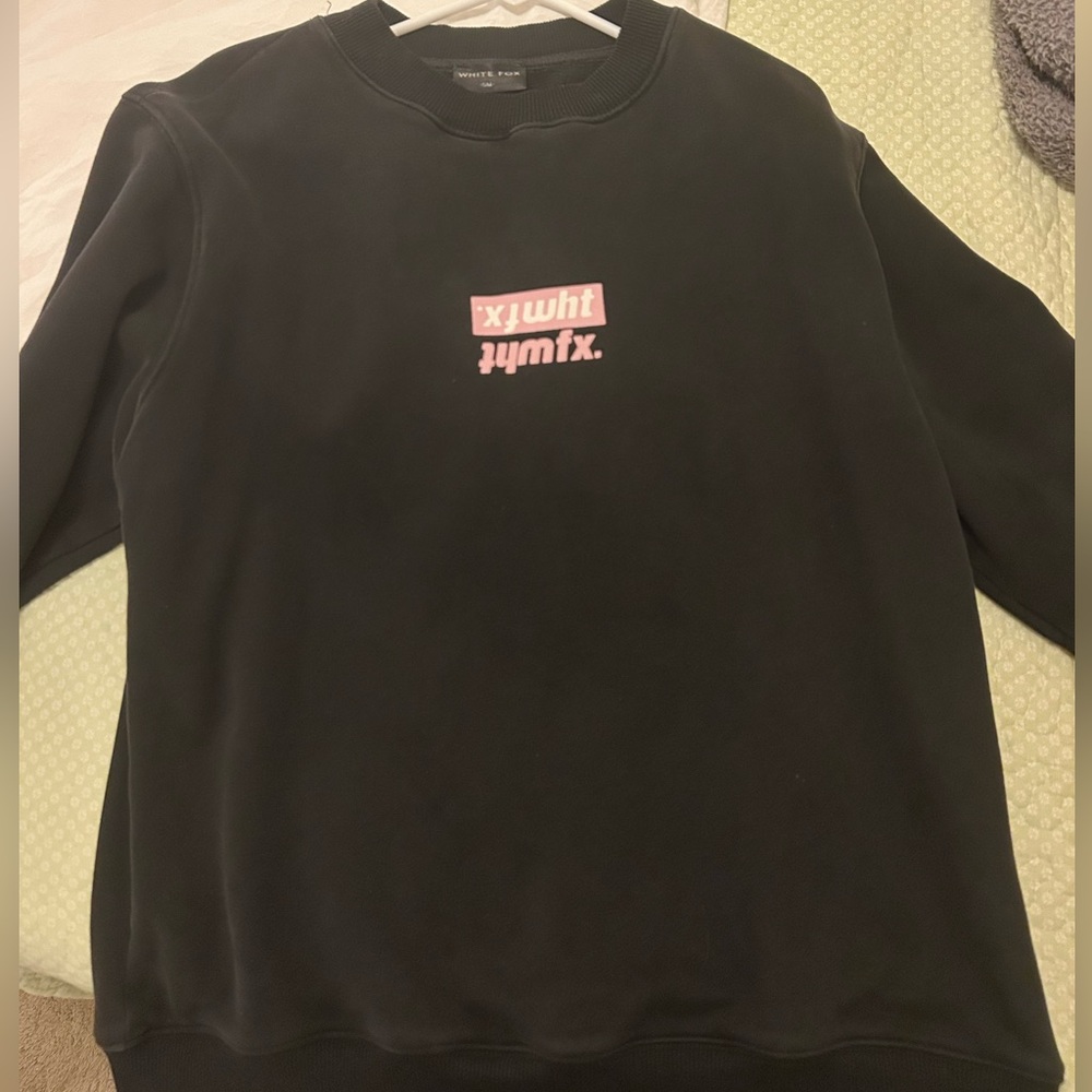 White Fox Black Sweatshirt with Pink Graphic